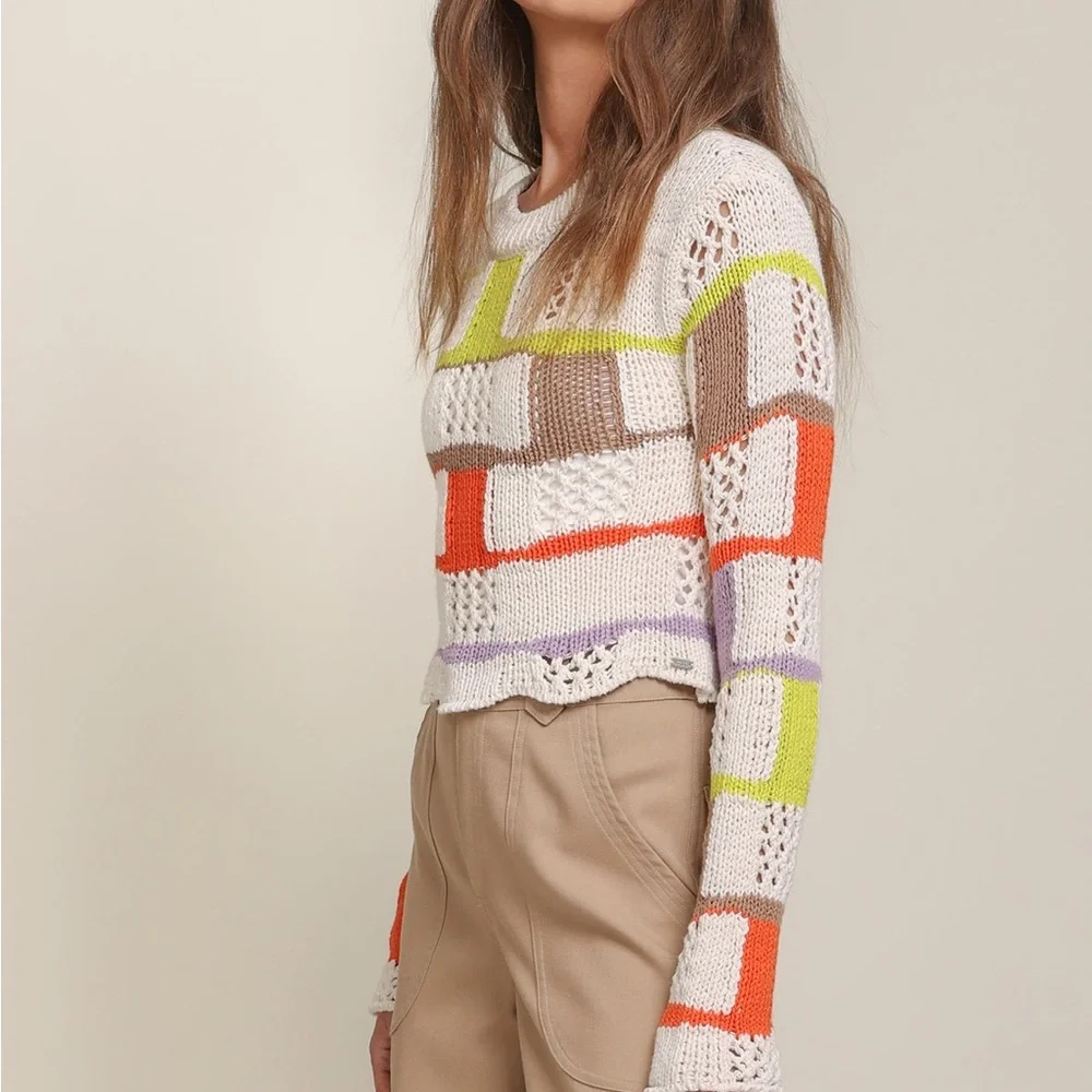 Line & Dot Adored Crochet Patchwork Open Knit Cropped Sweater Small - Picture 4 of 10